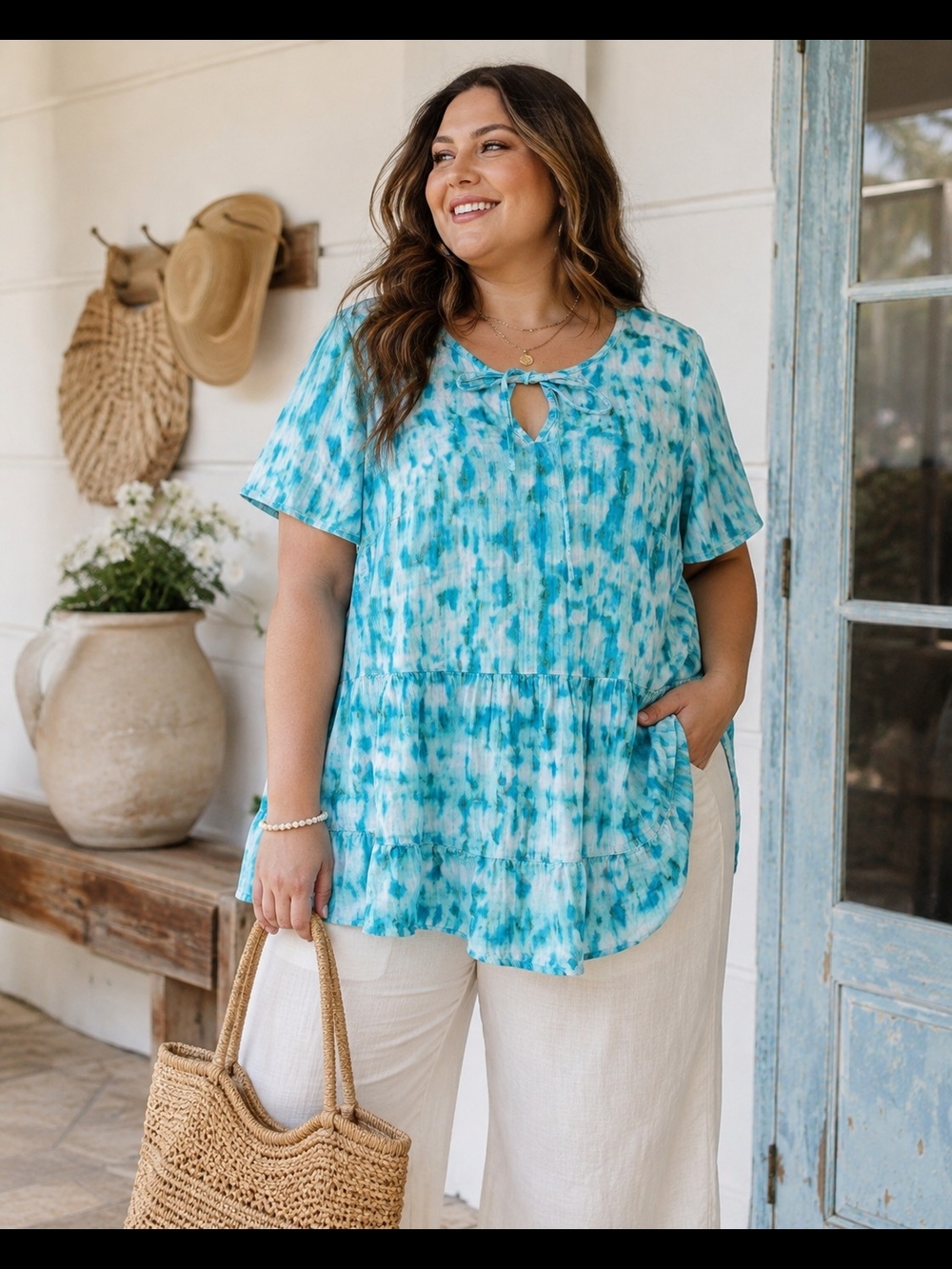 Terra & Sky Tie Dye Tiered Peasant Top 0X Boho Cottagecore Beach Vacation Cotton
